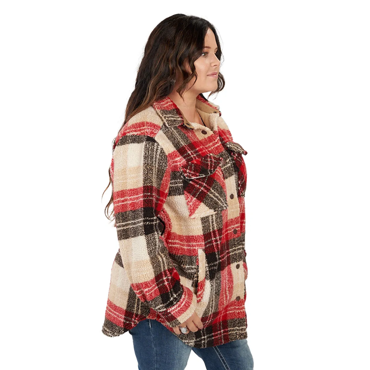 'KEY' Women's Boulevard Snap Front Shacket - Fire Brick Plaid