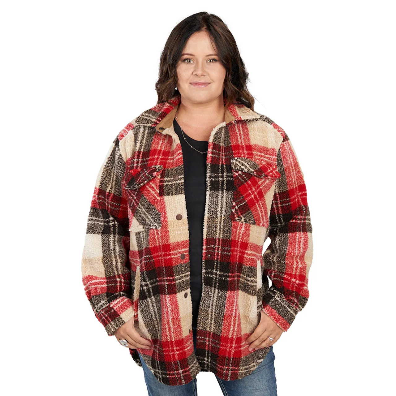 'KEY' Women's Boulevard Snap Front Shacket - Fire Brick Plaid