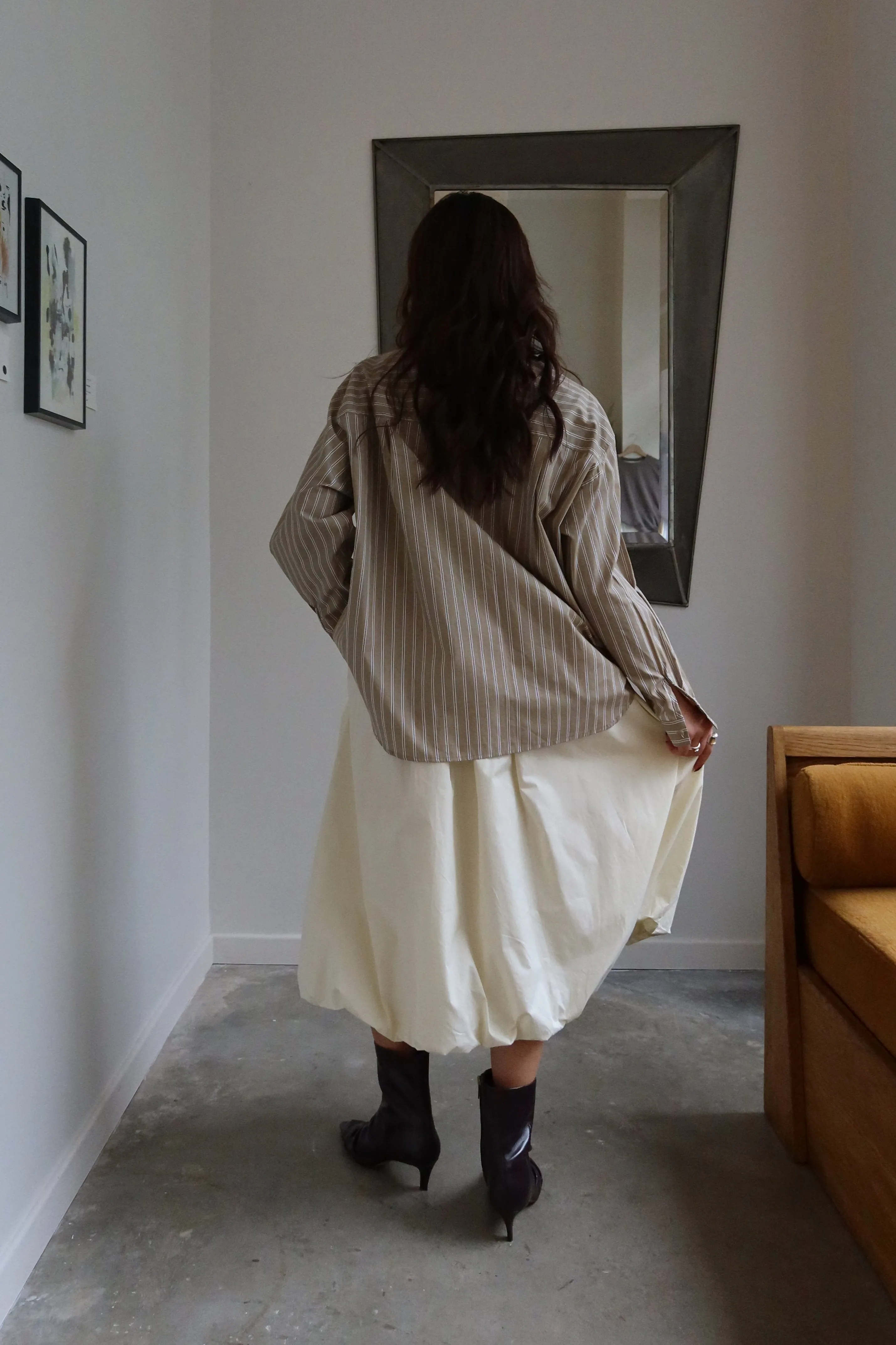 Khaki And White Pinstripe Button Down Top