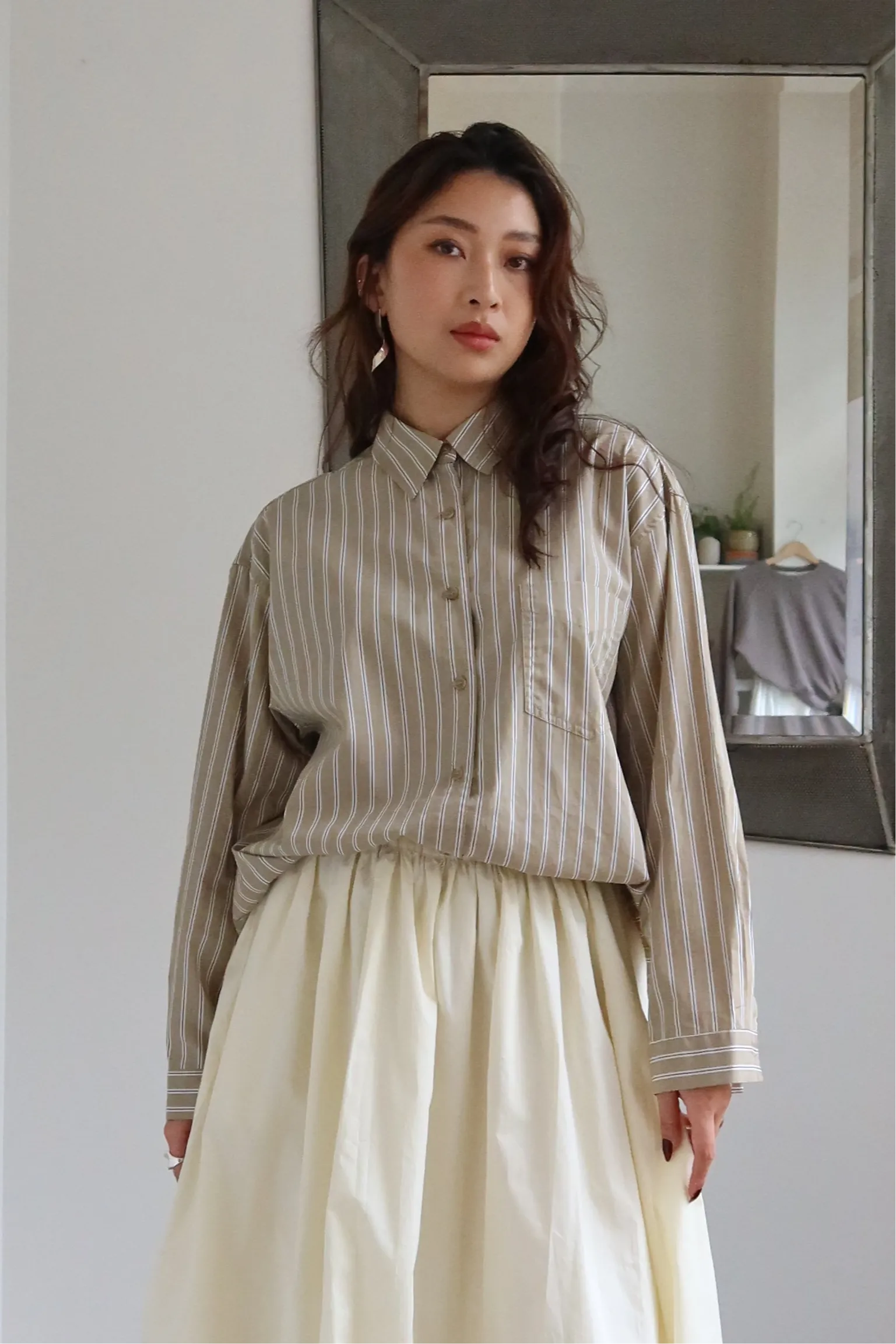 Khaki And White Pinstripe Button Down Top