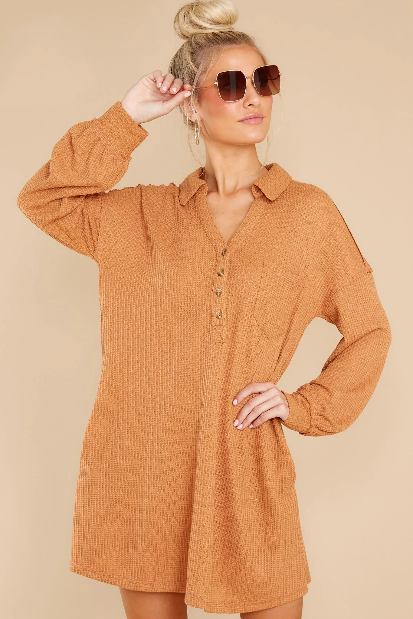 Know Your Worth Camel Waffle Knit Dress