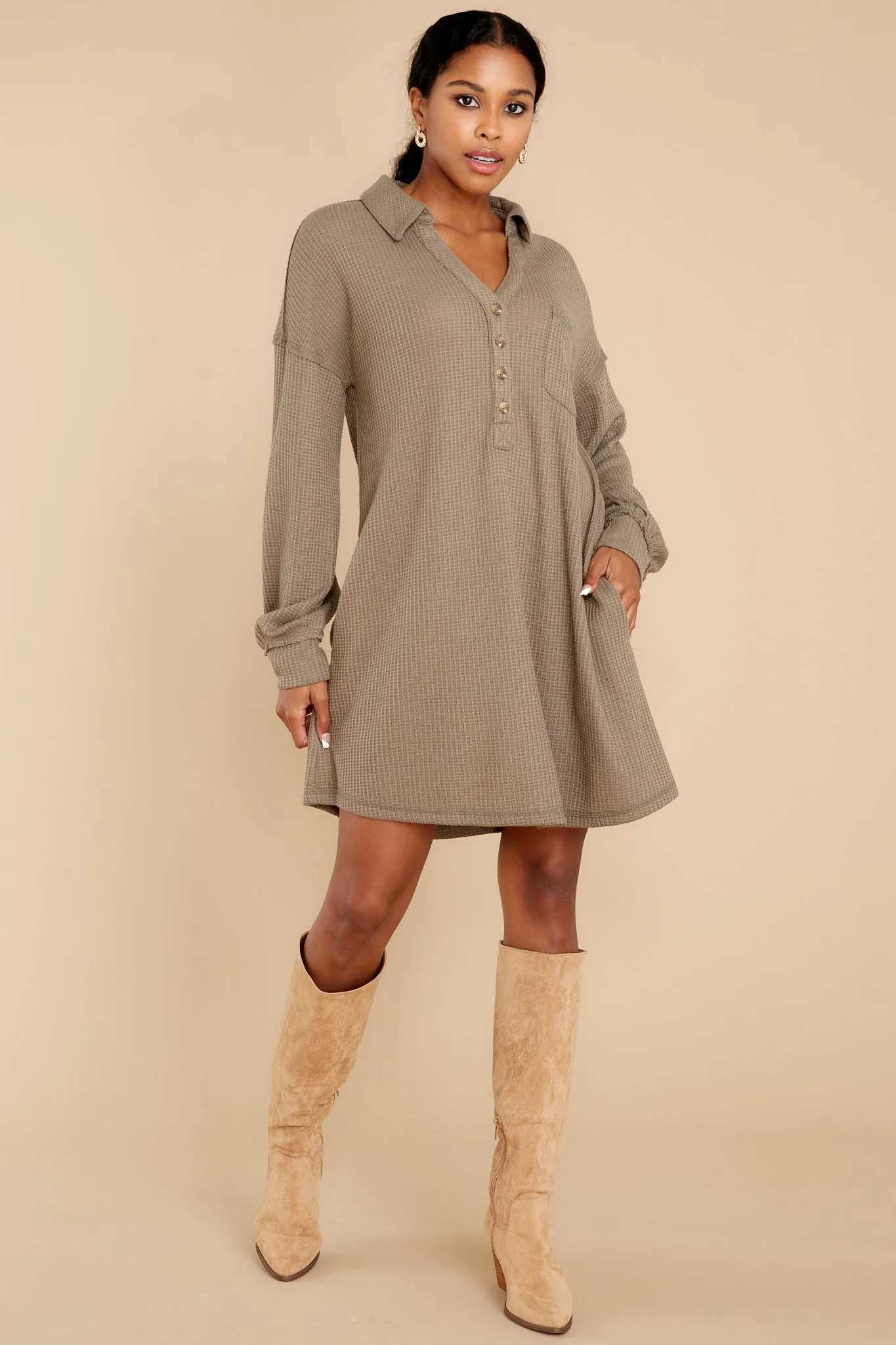 Know Your Worth Olive Waffle Knit Dress