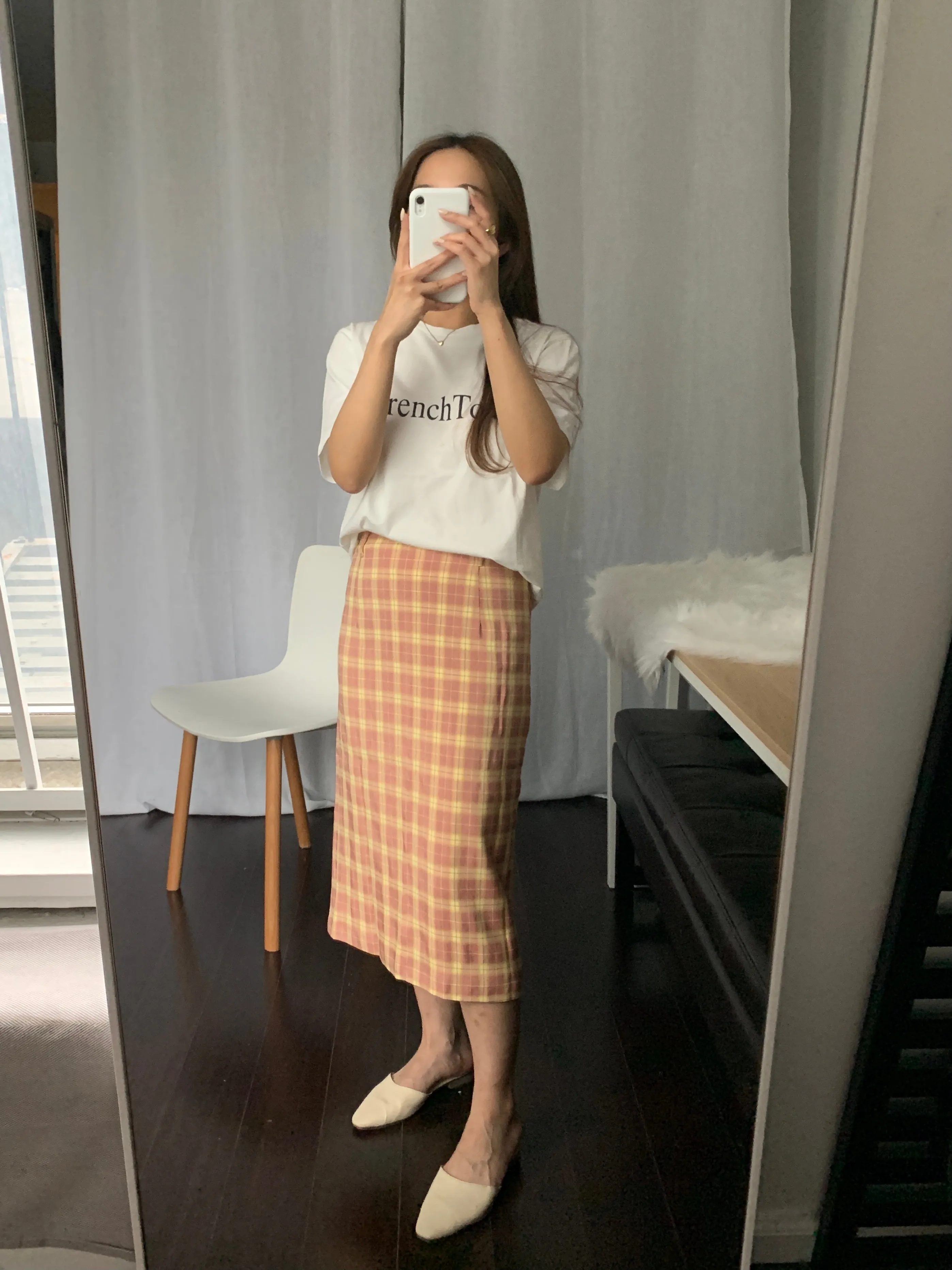 [Korean Style] High Waist Plaid Slit Midi Pencil Skirt