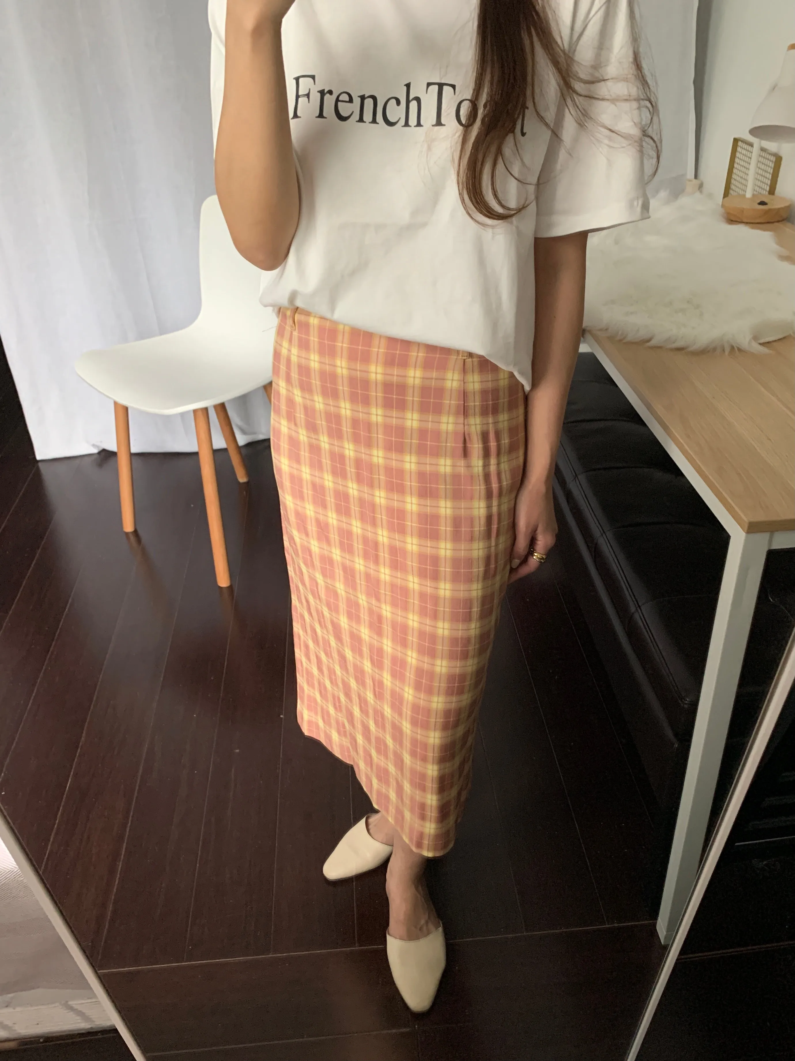 [Korean Style] High Waist Plaid Slit Midi Pencil Skirt