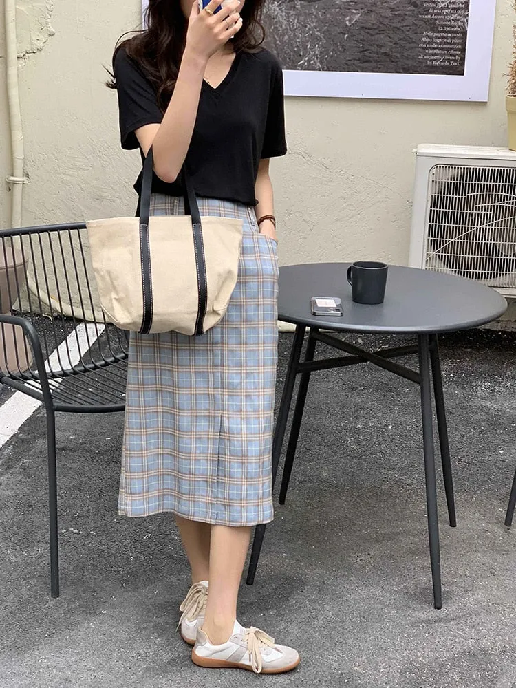 [Korean Style] High Waist Plaid Slit Midi Pencil Skirt