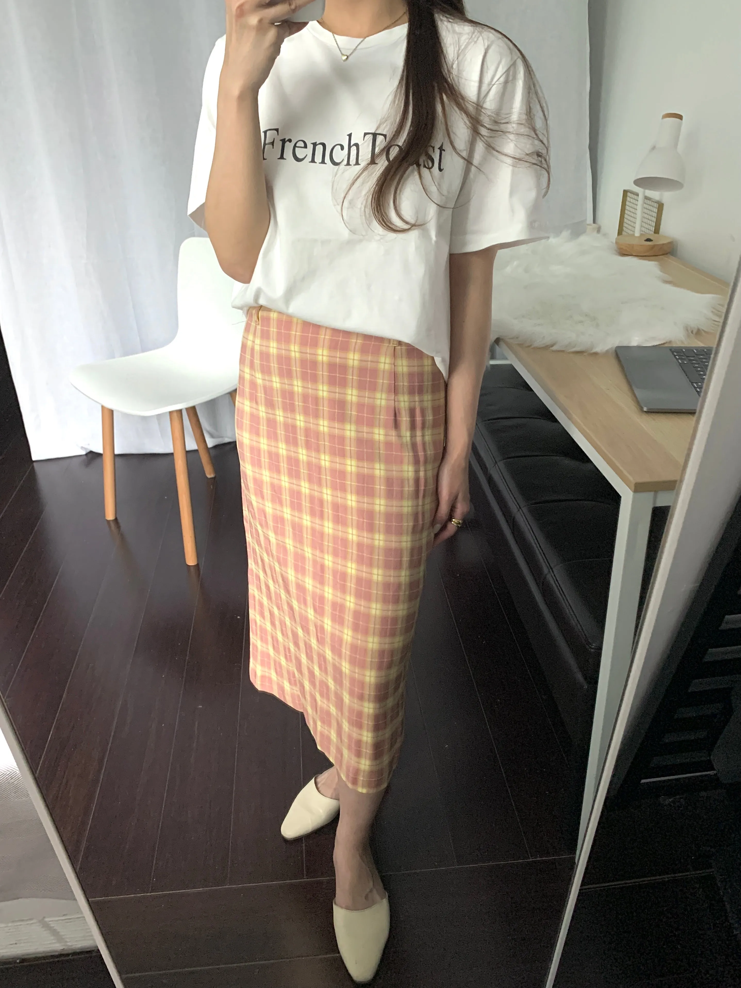 [Korean Style] High Waist Plaid Slit Midi Pencil Skirt