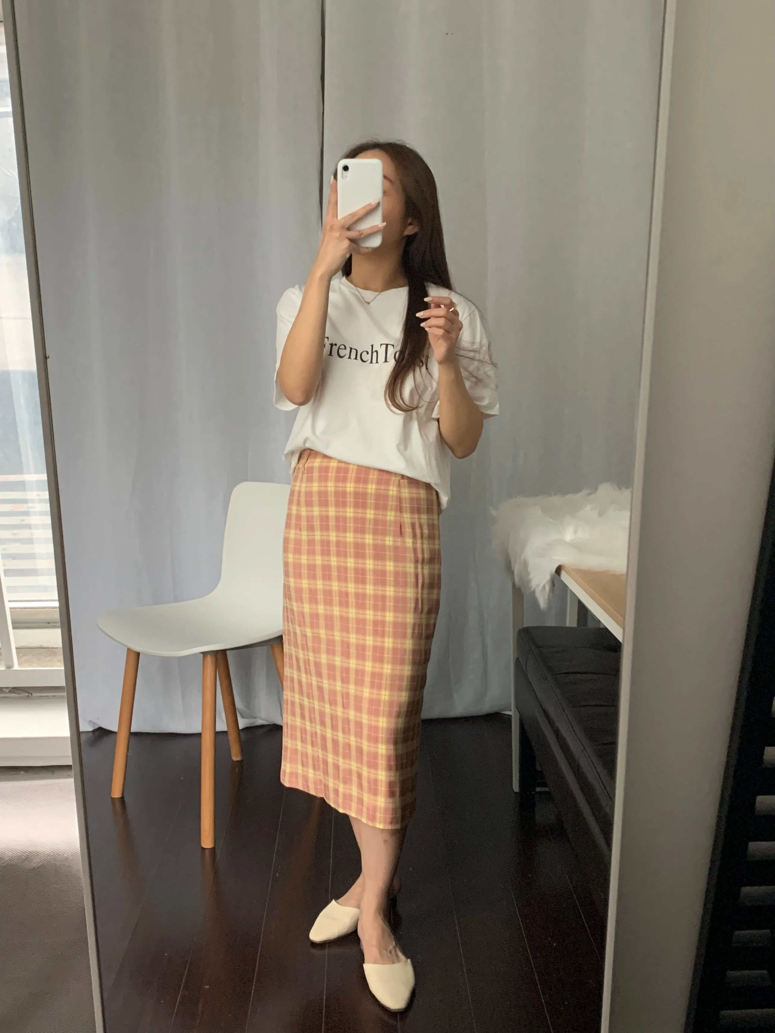 [Korean Style] High Waist Plaid Slit Midi Pencil Skirt