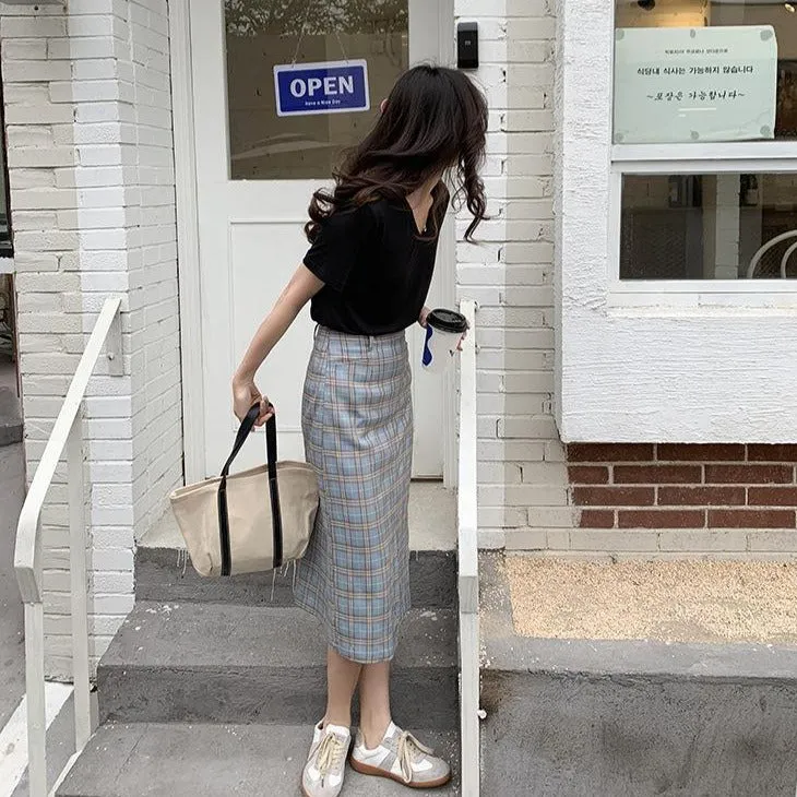 [Korean Style] High Waist Plaid Slit Midi Pencil Skirt