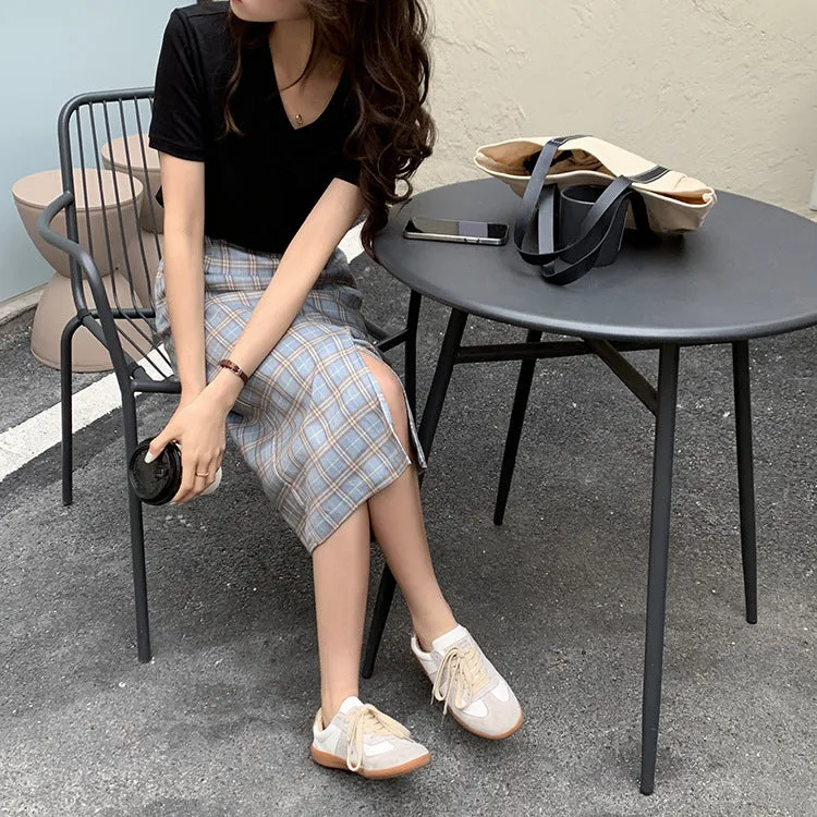 [Korean Style] High Waist Plaid Slit Midi Pencil Skirt