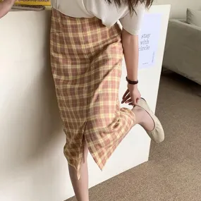 [Korean Style] High Waist Plaid Slit Midi Pencil Skirt