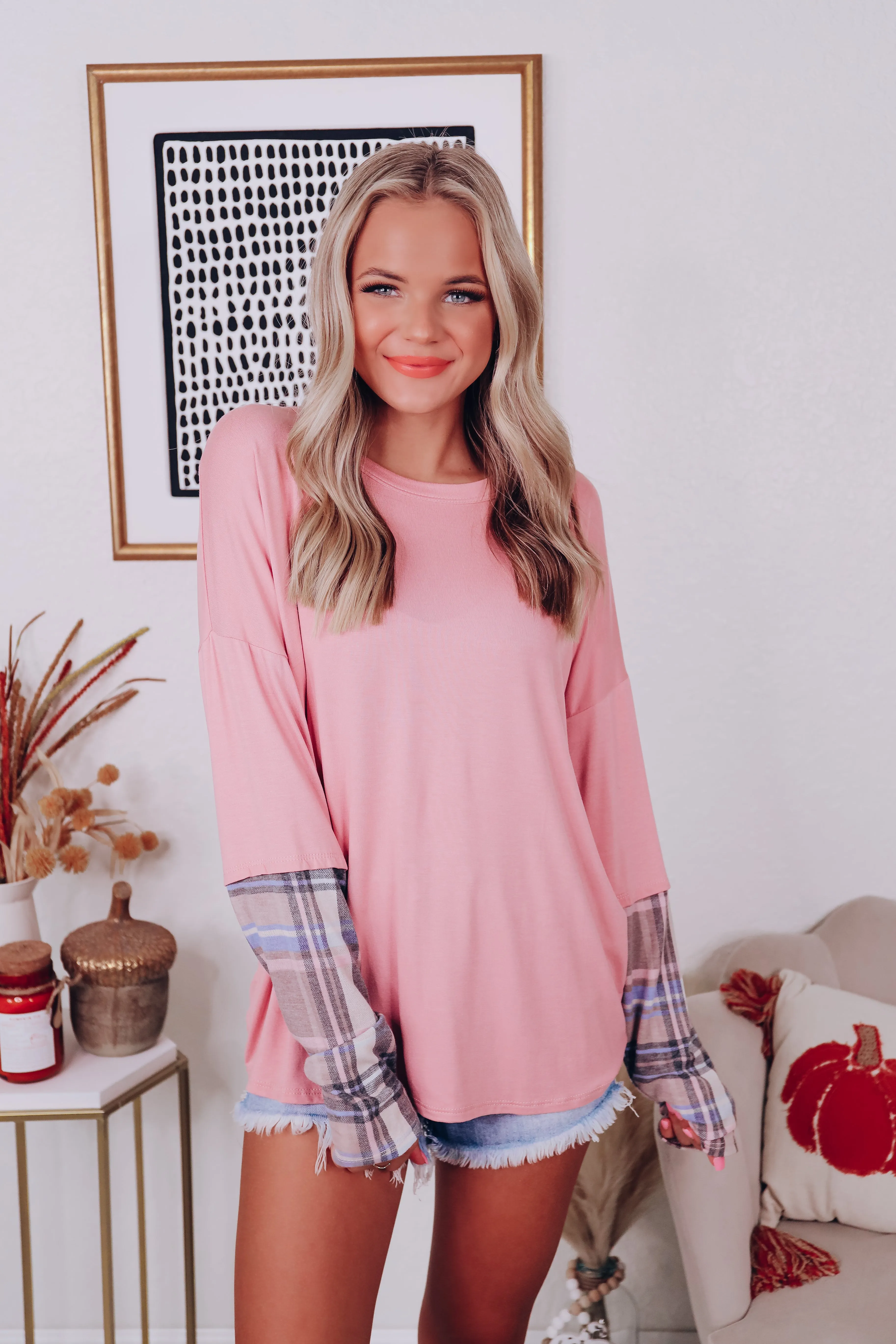 Layered Look Long Sleeve Tee - Pink