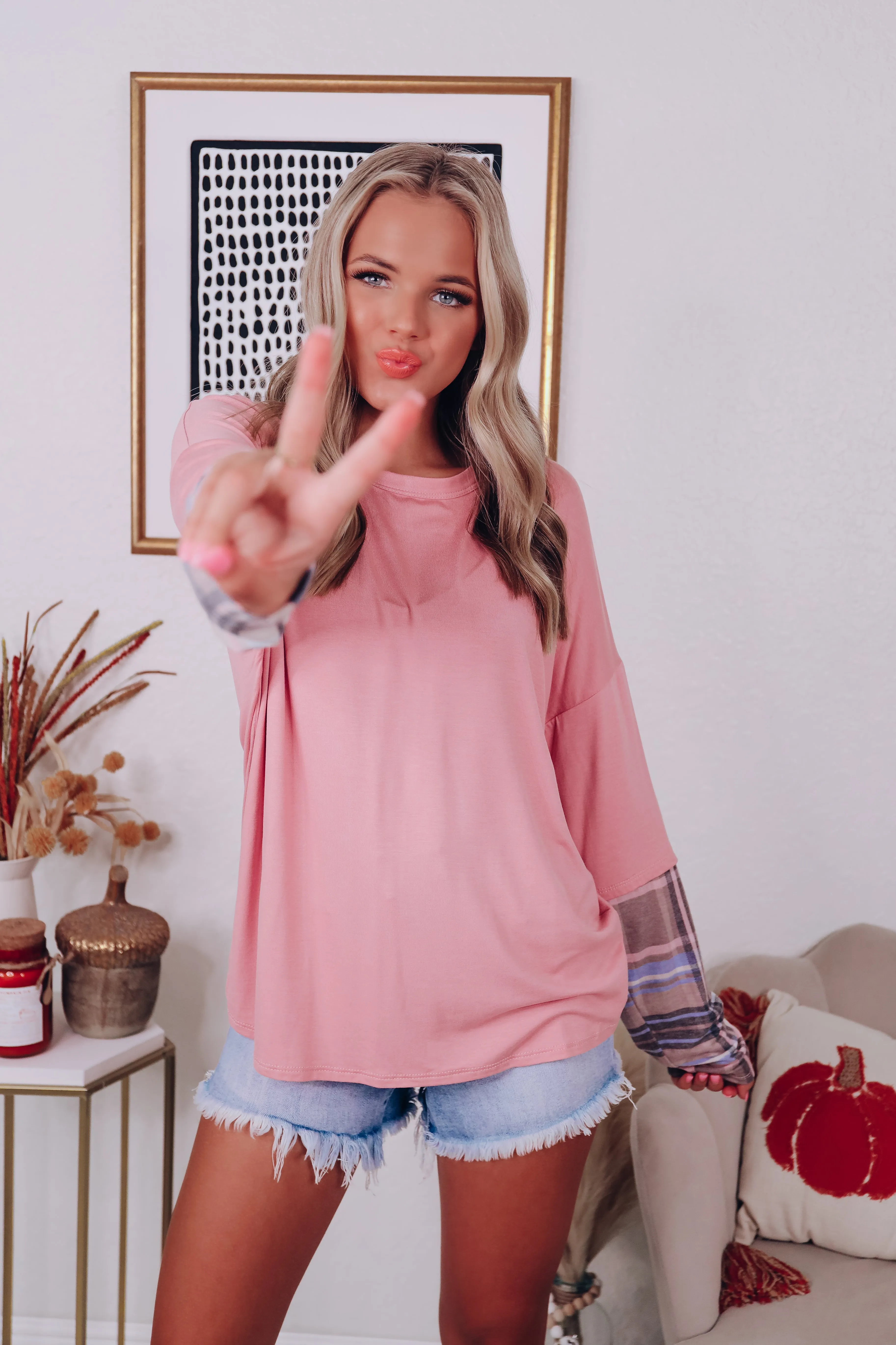 Layered Look Long Sleeve Tee - Pink