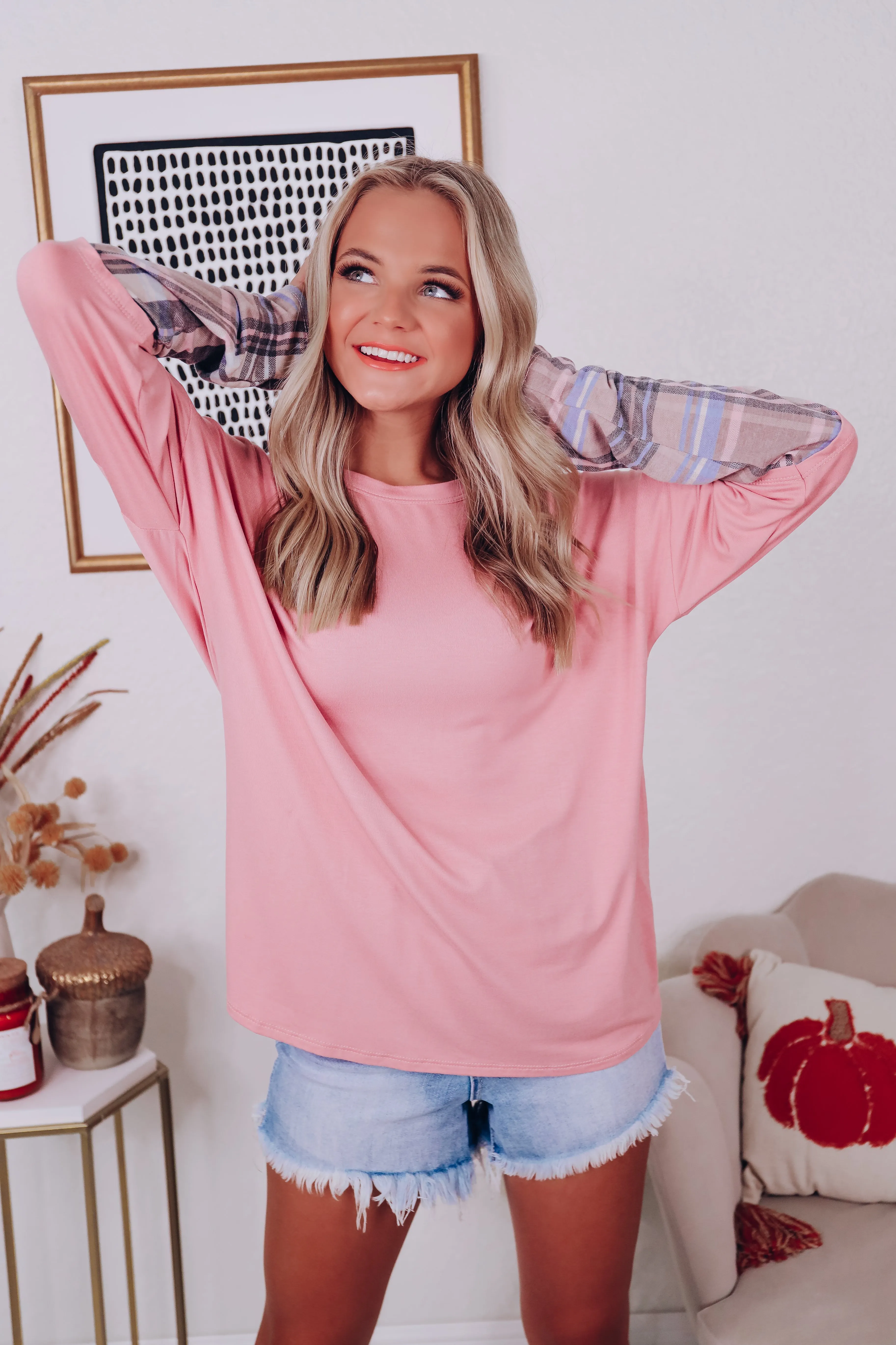 Layered Look Long Sleeve Tee - Pink