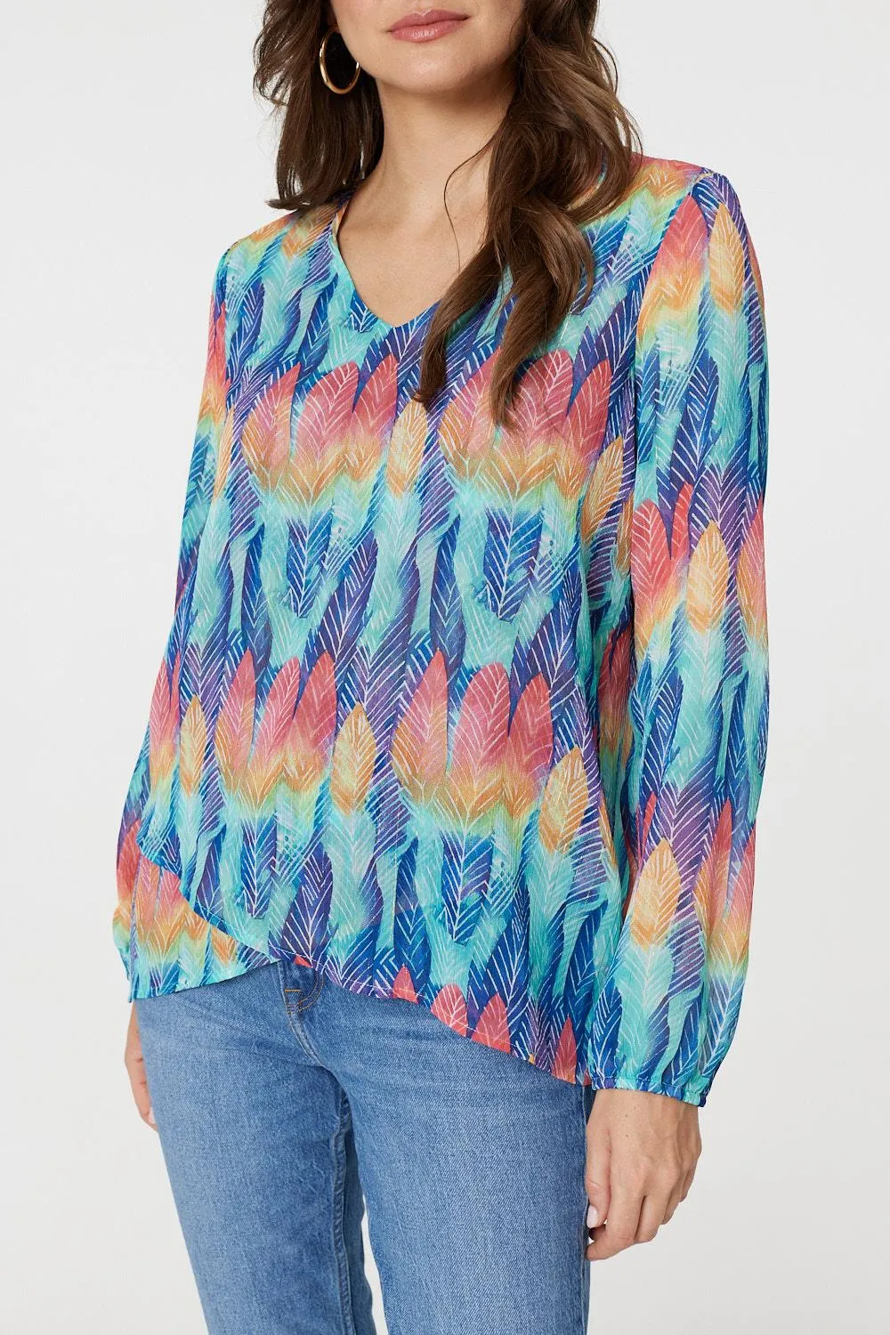 Leaf Print Long Sleeve Layered Hem Top