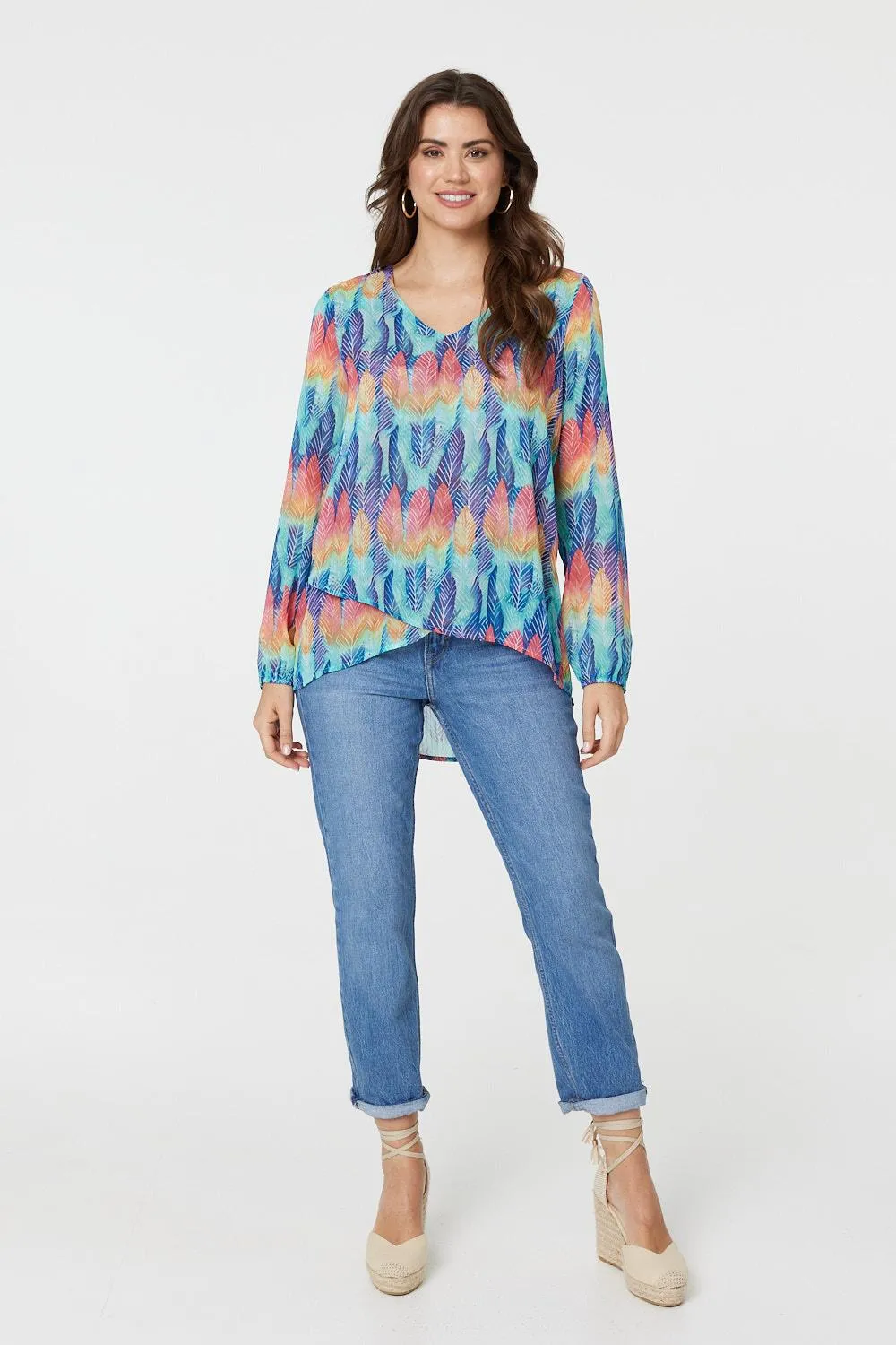 Leaf Print Long Sleeve Layered Hem Top