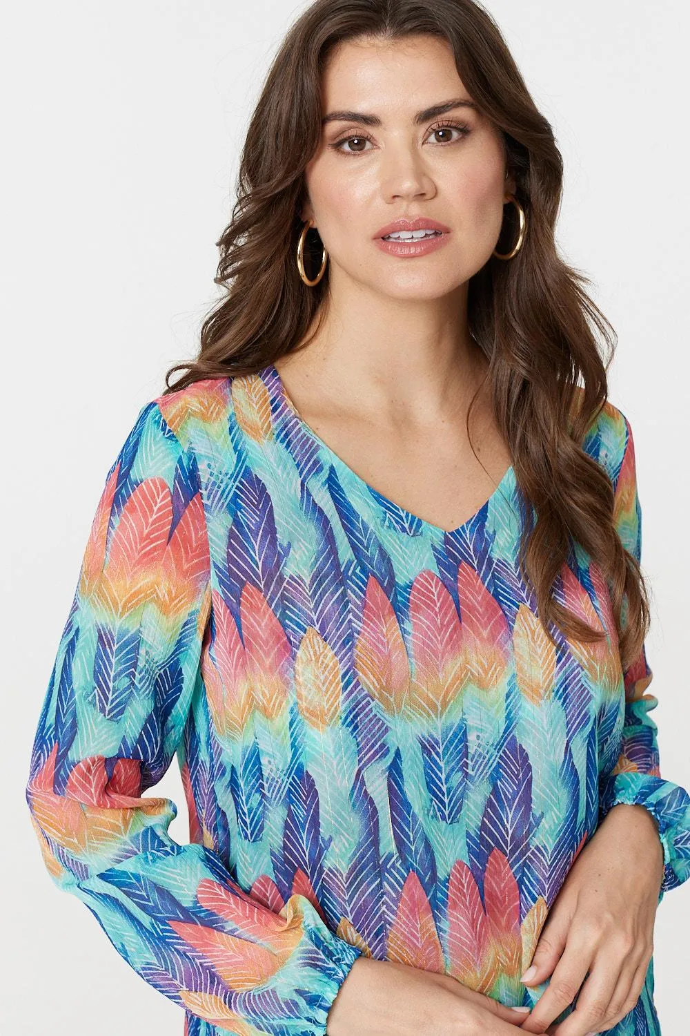 Leaf Print Long Sleeve Layered Hem Top