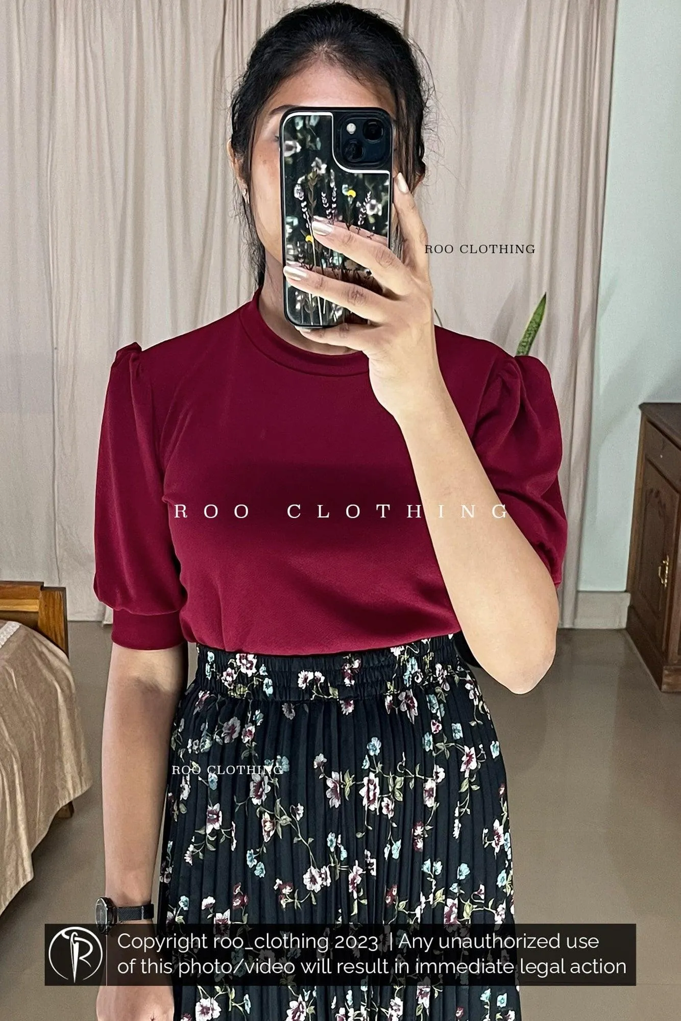 Maroon Crew Neck Puff Sleeves Top Only