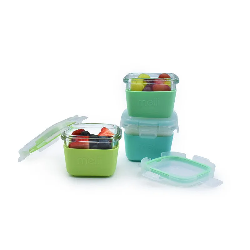 Melii Glass Food Storage Containers with Silicone Sleeve 160 ml Pack of 3 - Green, Mint, Turquoise