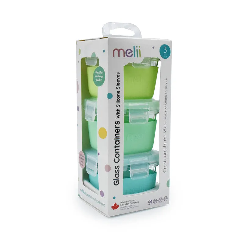 Melii Glass Food Storage Containers with Silicone Sleeve 160 ml Pack of 3 - Green, Mint, Turquoise