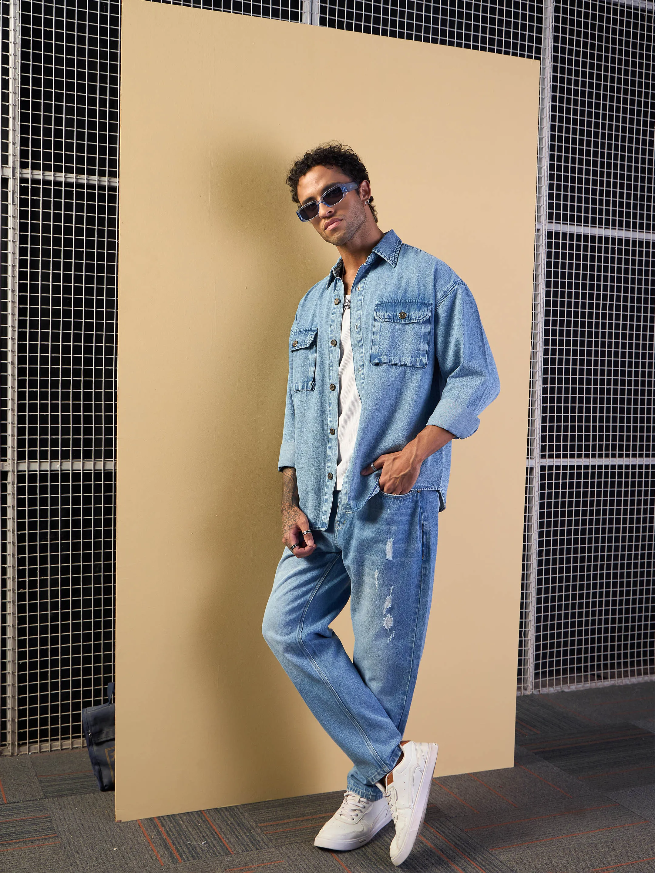 Men Blue Washed Denim Oversize Shacket