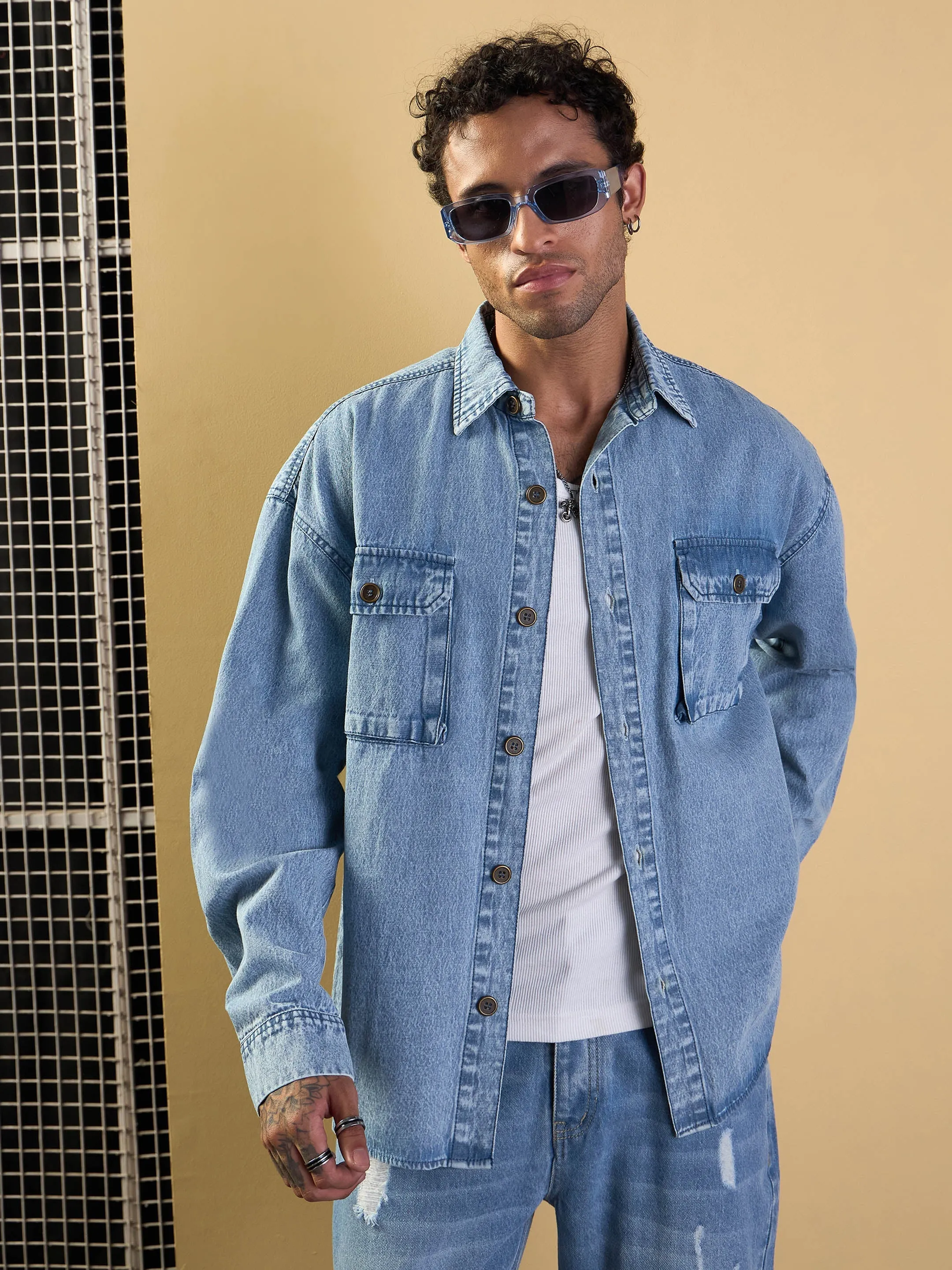 Men Blue Washed Denim Oversize Shacket