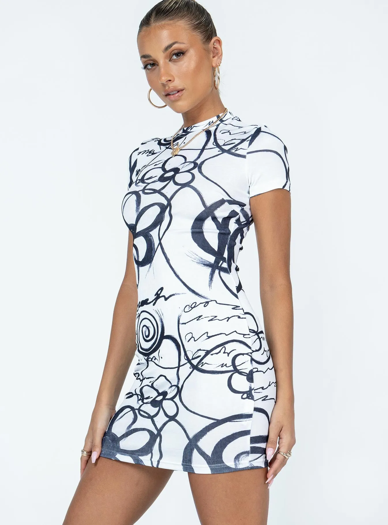 Motel Dahara Mini Dress Mono Doodle Black White