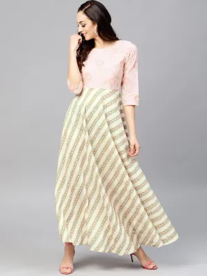 Multi Colored Maxi Dress With Round Neck And 3/4 Sleeves