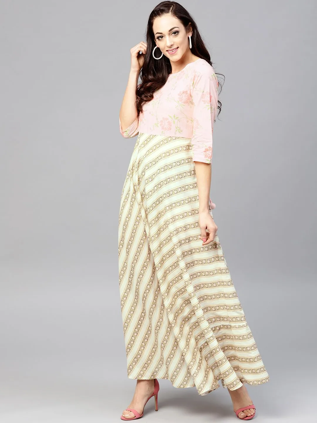 Multi Colored Maxi Dress With Round Neck And 3/4 Sleeves