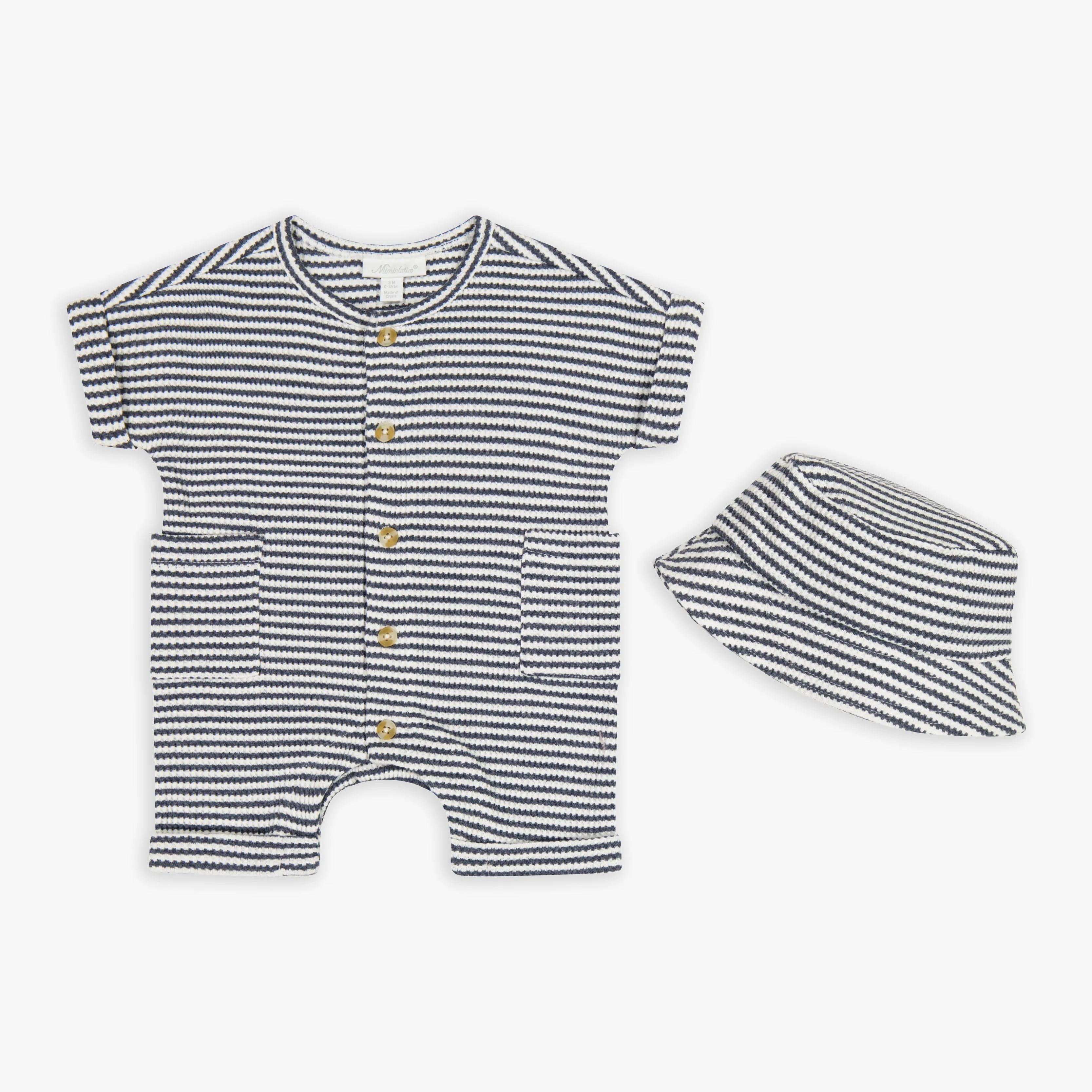 Navy Stripe Waffle Romper & Hat