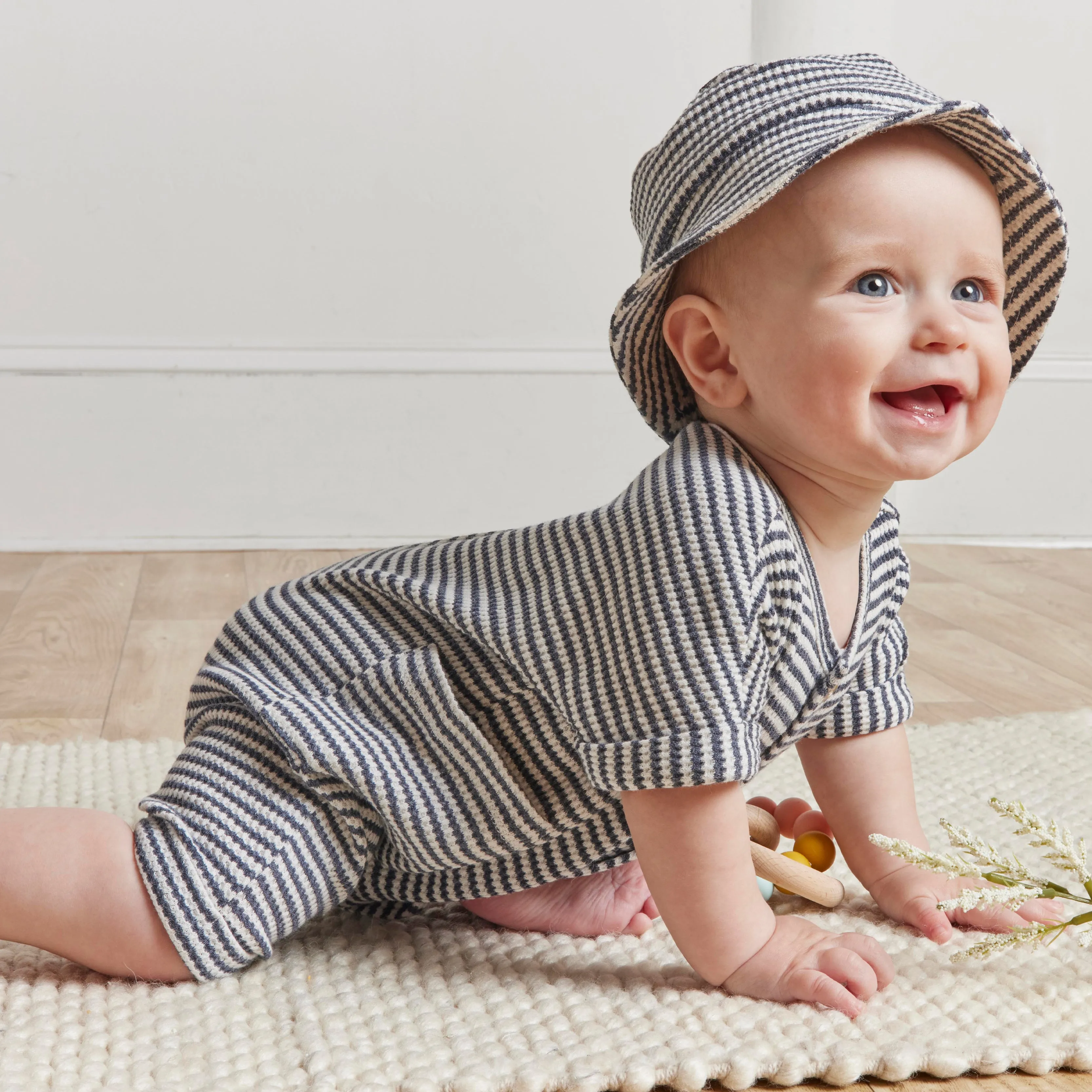 Navy Stripe Waffle Romper & Hat