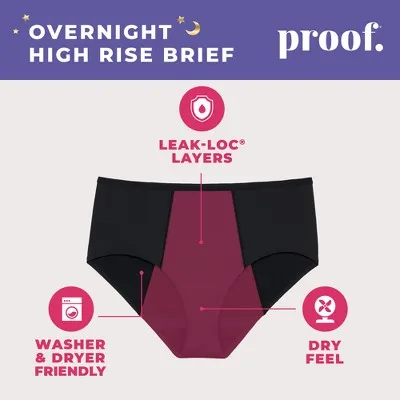 New - Proof. by Always Women's High-Rise Briefs, Overnight Absorbency Period Underwear - X-Large - Black