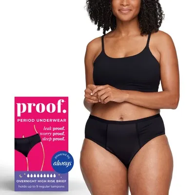 New - Proof. by Always Women's High-Rise Briefs, Overnight Absorbency Period Underwear - X-Large - Black