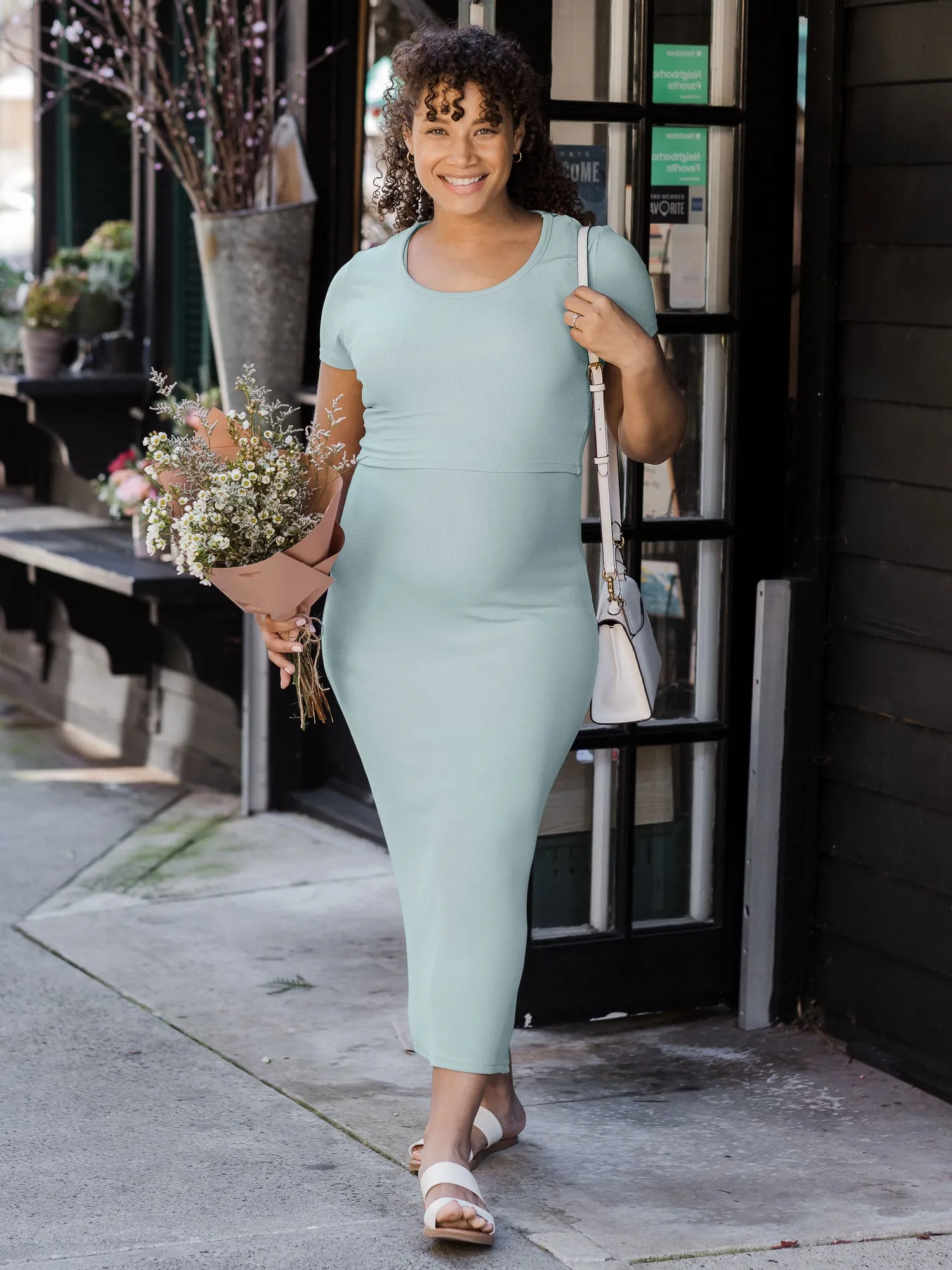 Olivia Ribbed Bamboo 2-in-1 Maternity & Nursing Dress | Dusty Blue Green