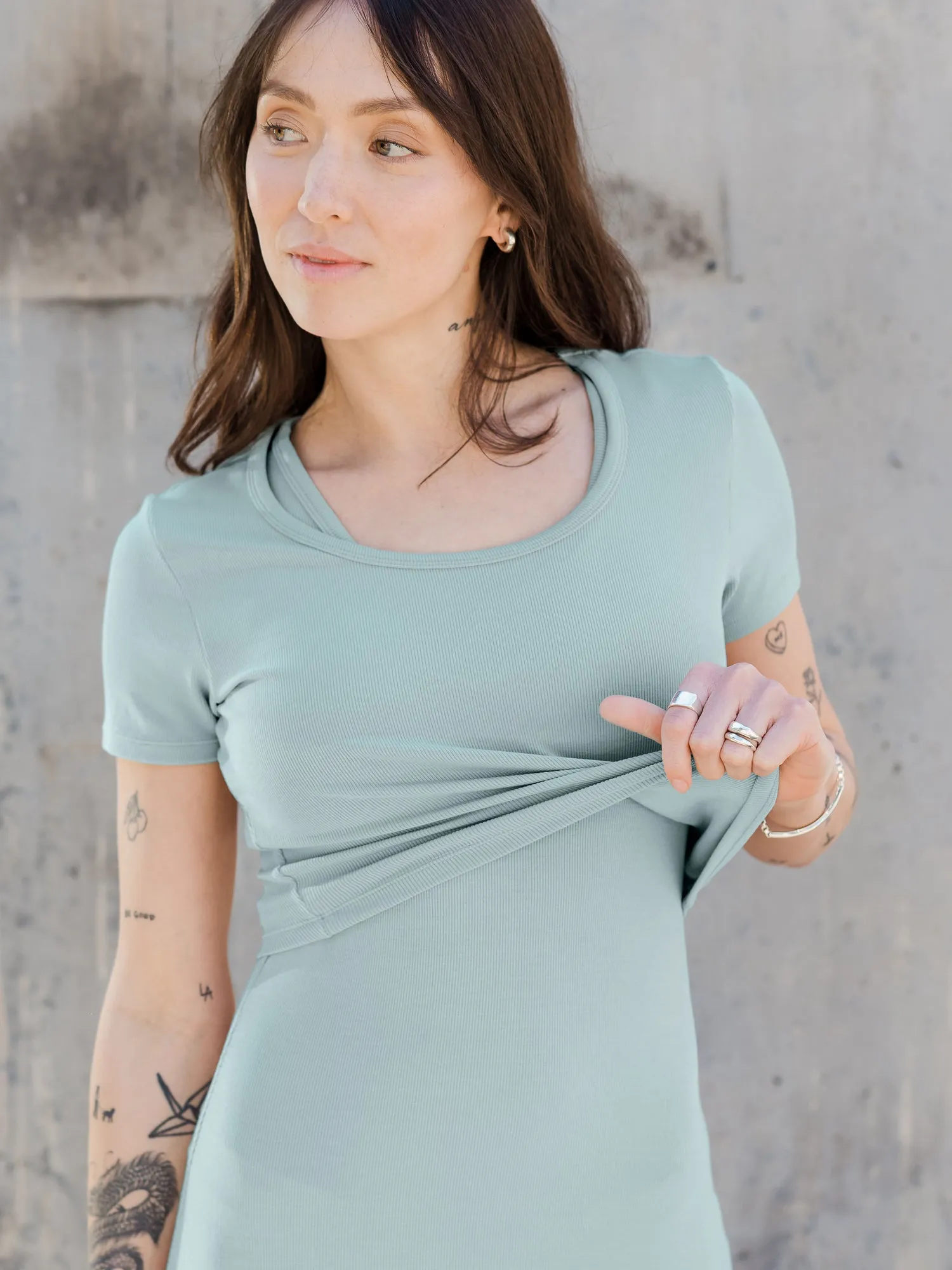 Olivia Ribbed Bamboo 2-in-1 Maternity & Nursing Dress | Dusty Blue Green