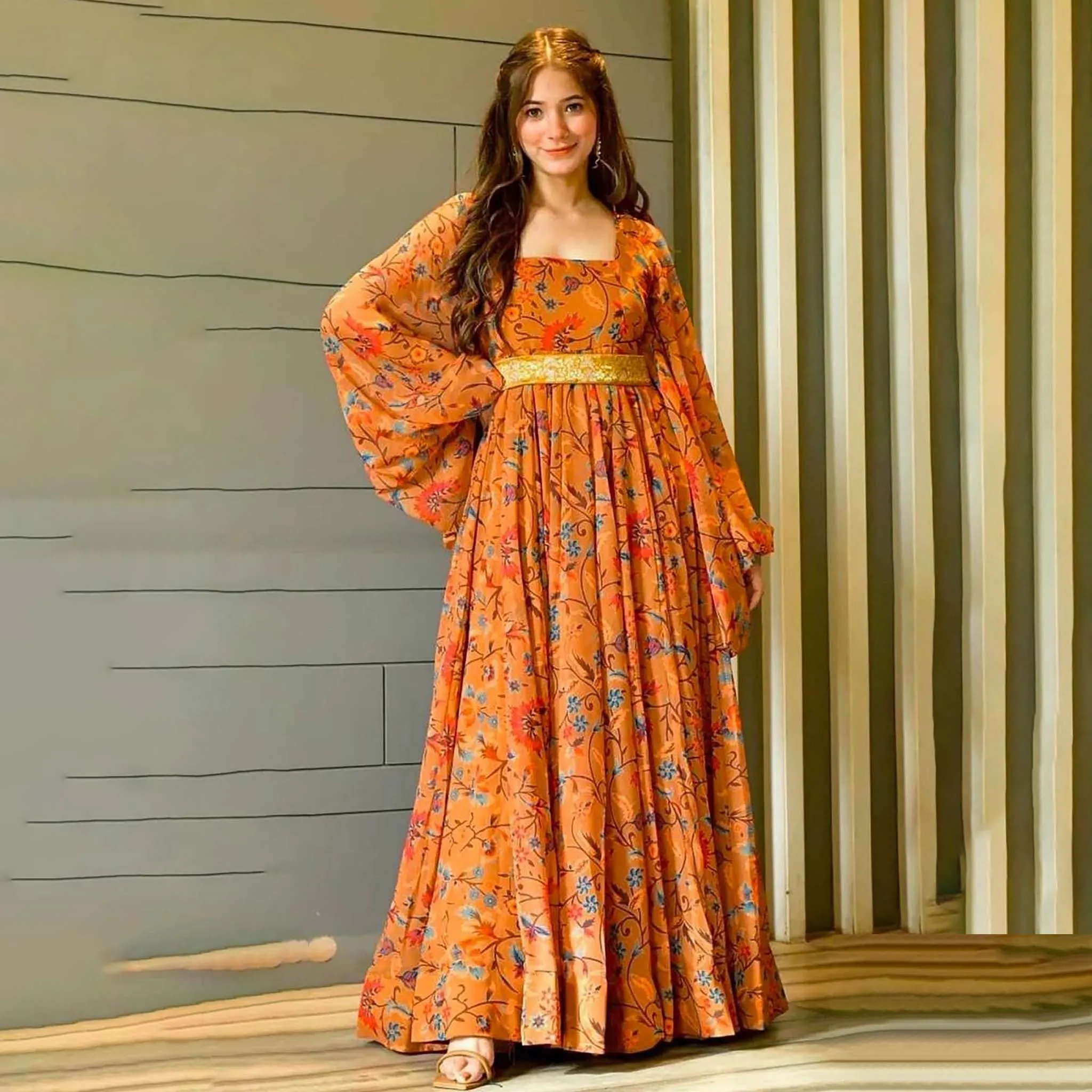 Orange Color Trendy Georgette Floral Print Women's Gown