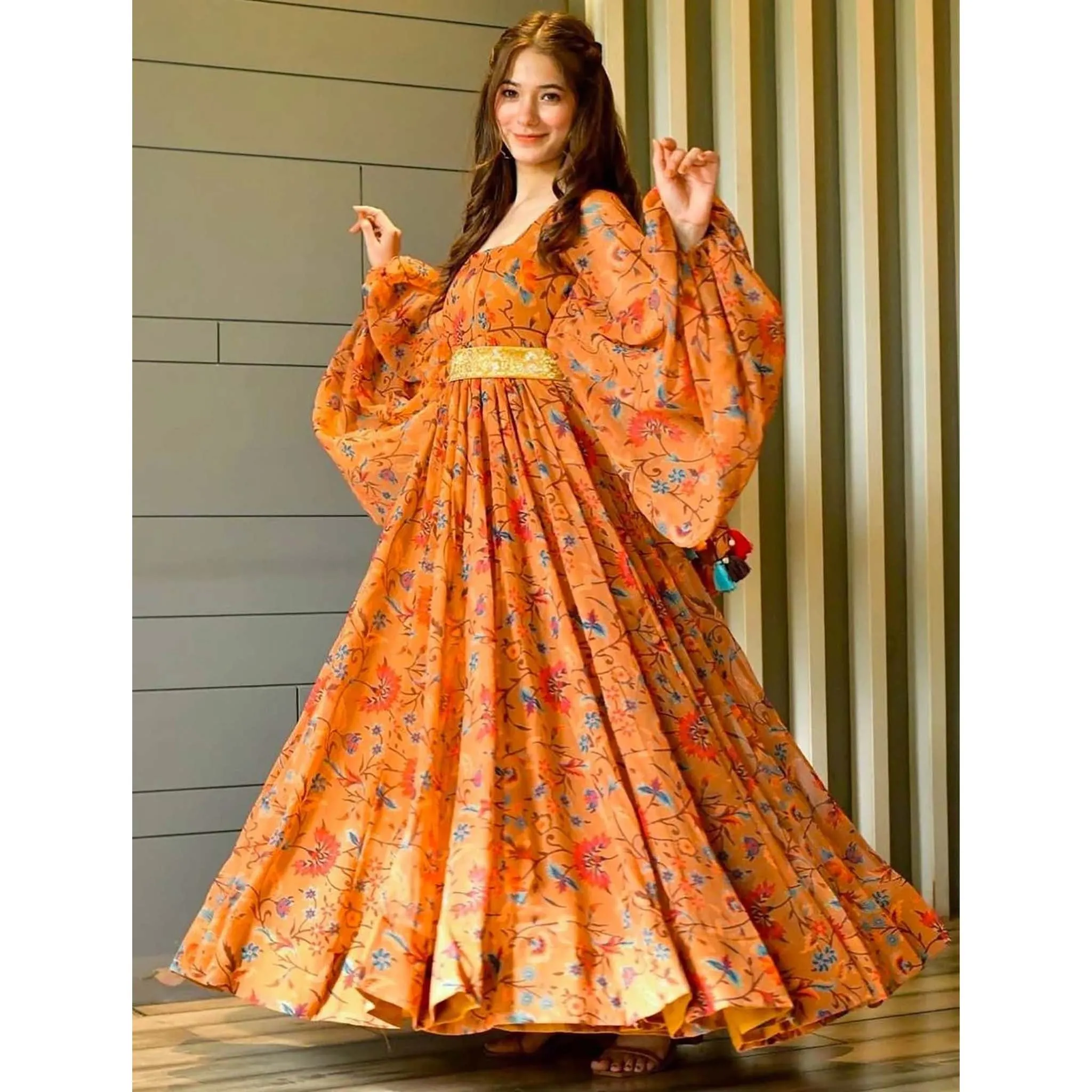 Orange Color Trendy Georgette Floral Print Women's Gown