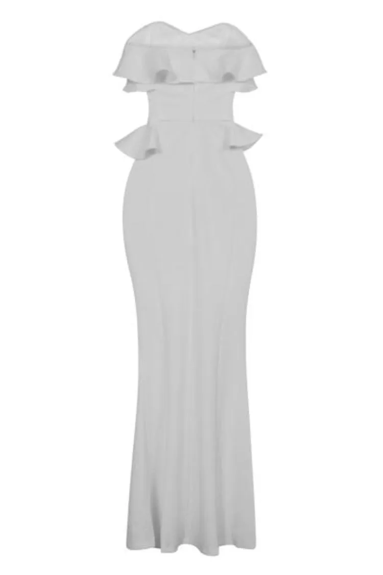 Paloma White Strapless Frill Ruffle Bodycon Slinky Mermaid Maxi Dress