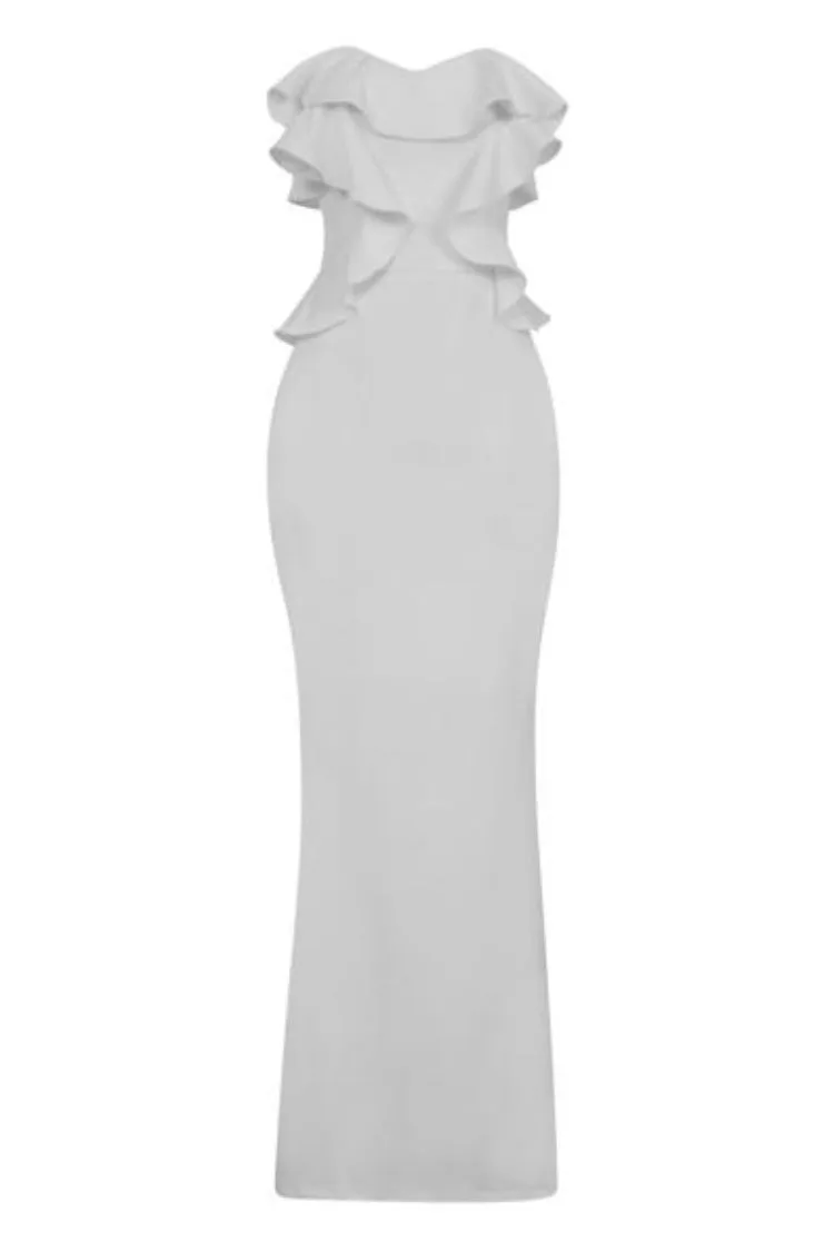 Paloma White Strapless Frill Ruffle Bodycon Slinky Mermaid Maxi Dress