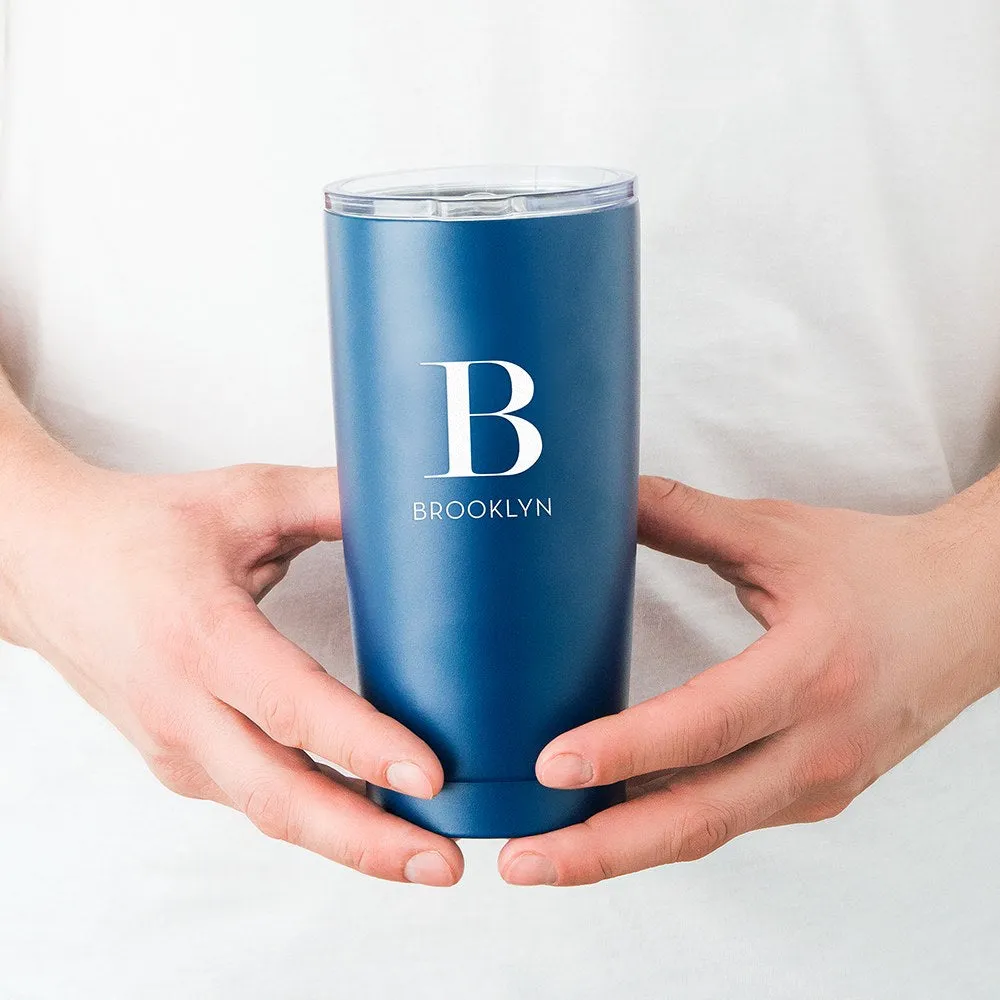 PERSONALIZED STAINLESS STEEL INSULATED NAVY BLUE TRAVEL MUG - MODERN SERIF MONOGRAM PRINT