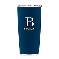 PERSONALIZED STAINLESS STEEL INSULATED NAVY BLUE TRAVEL MUG - MODERN SERIF MONOGRAM PRINT