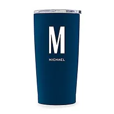 PERSONALIZED STAINLESS STEEL INSULATED NAVY BLUE TRAVEL MUG - SANS SERIF MONOGRAM PRINT