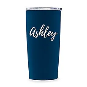 PERSONALIZED STAINLESS STEEL NAVY BLUE INSULATED TRAVEL MUG - CALLIGRAPHY PRINT