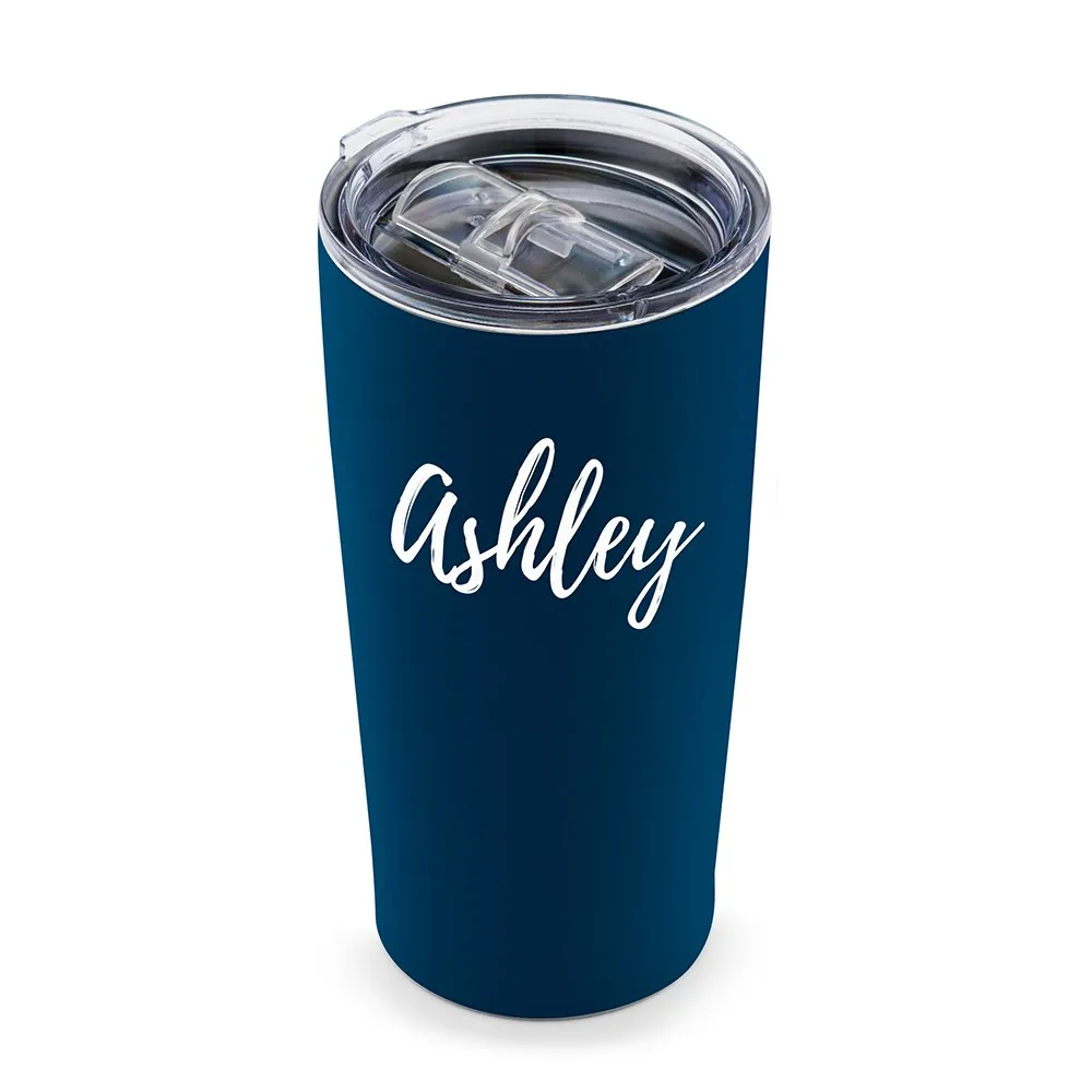 PERSONALIZED STAINLESS STEEL NAVY BLUE INSULATED TRAVEL MUG - CALLIGRAPHY PRINT