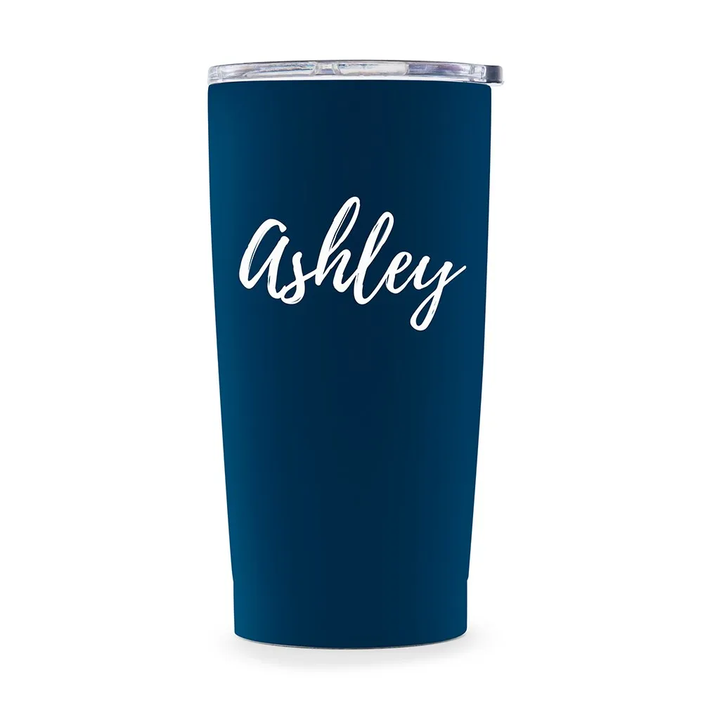 PERSONALIZED STAINLESS STEEL NAVY BLUE INSULATED TRAVEL MUG - CALLIGRAPHY PRINT