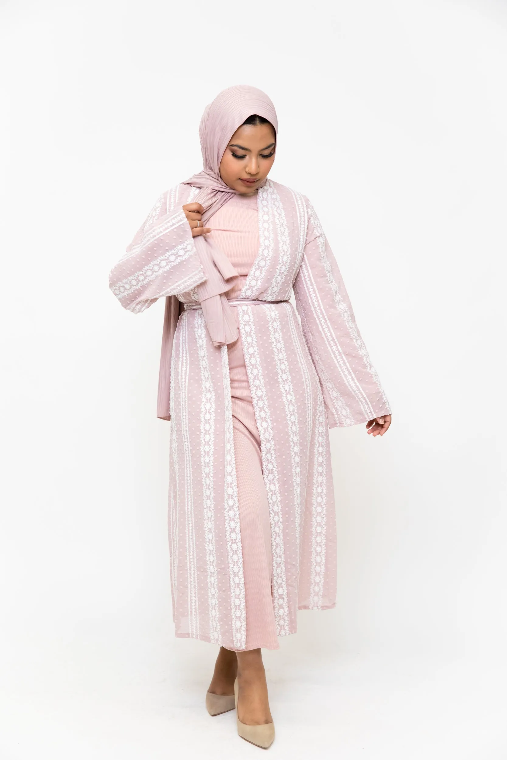 Pink Boho Lace Embroidered Sheer Midi Cardigan