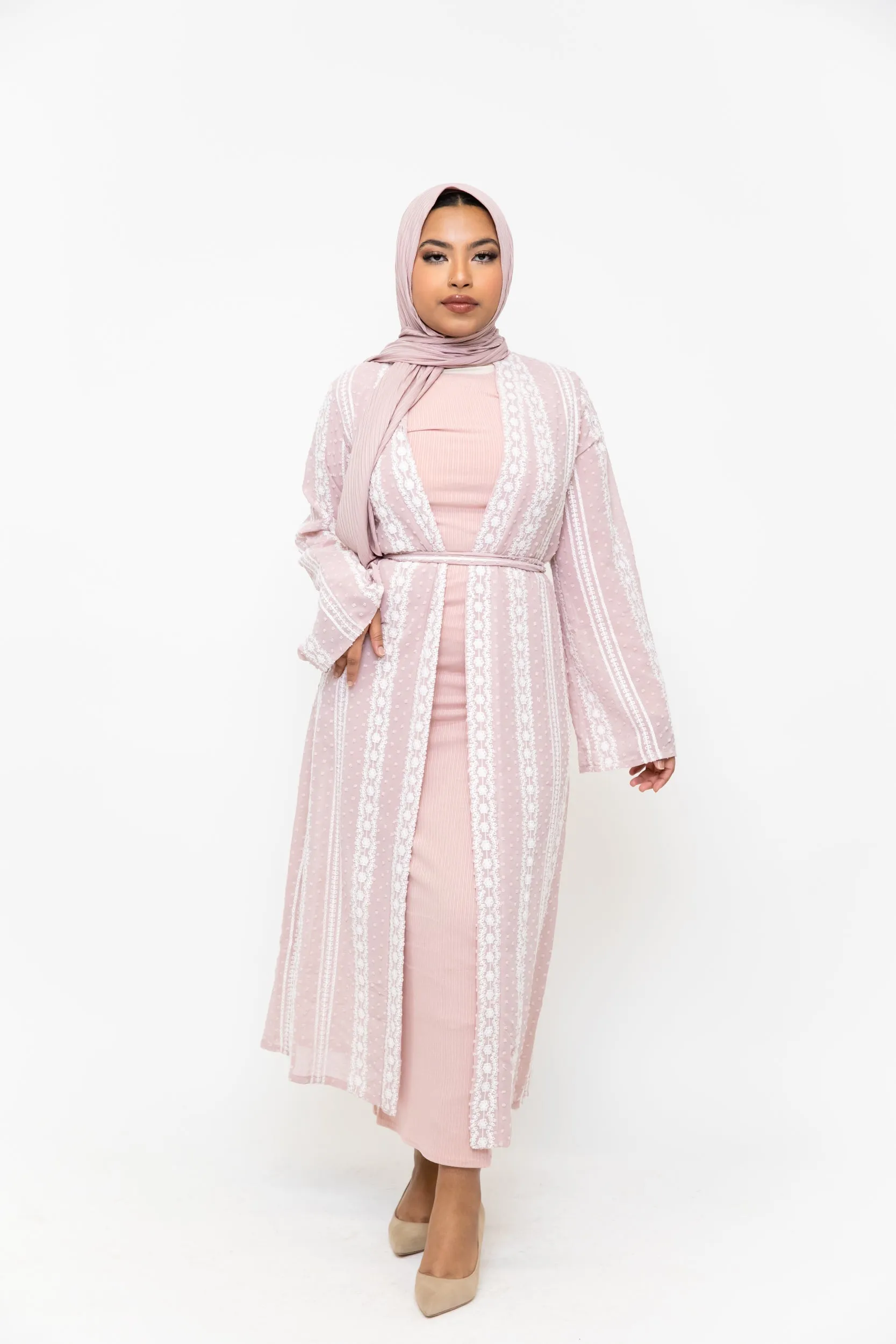 Pink Boho Lace Embroidered Sheer Midi Cardigan