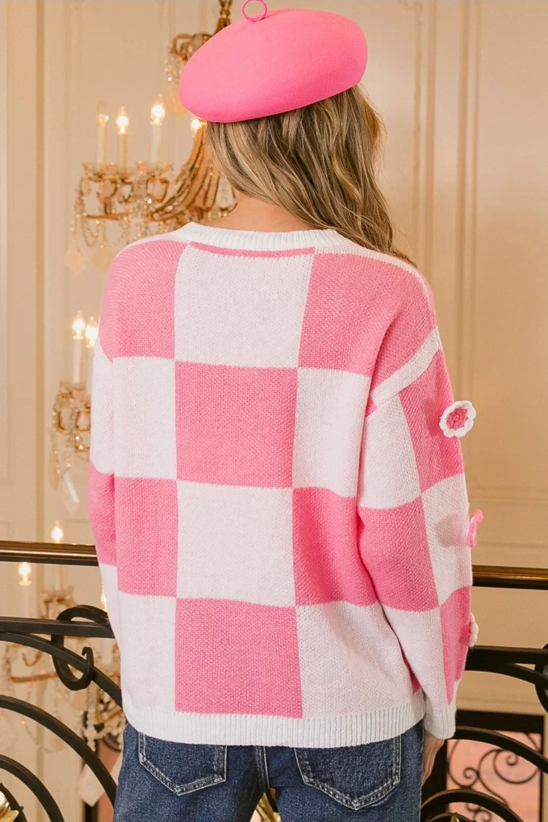 Pink Patchwork Pullover Sweater, Flower Patches Checkered Sweater, Pink and Pink Checkered Sweater, Checkered Sweater Knitting Pattern