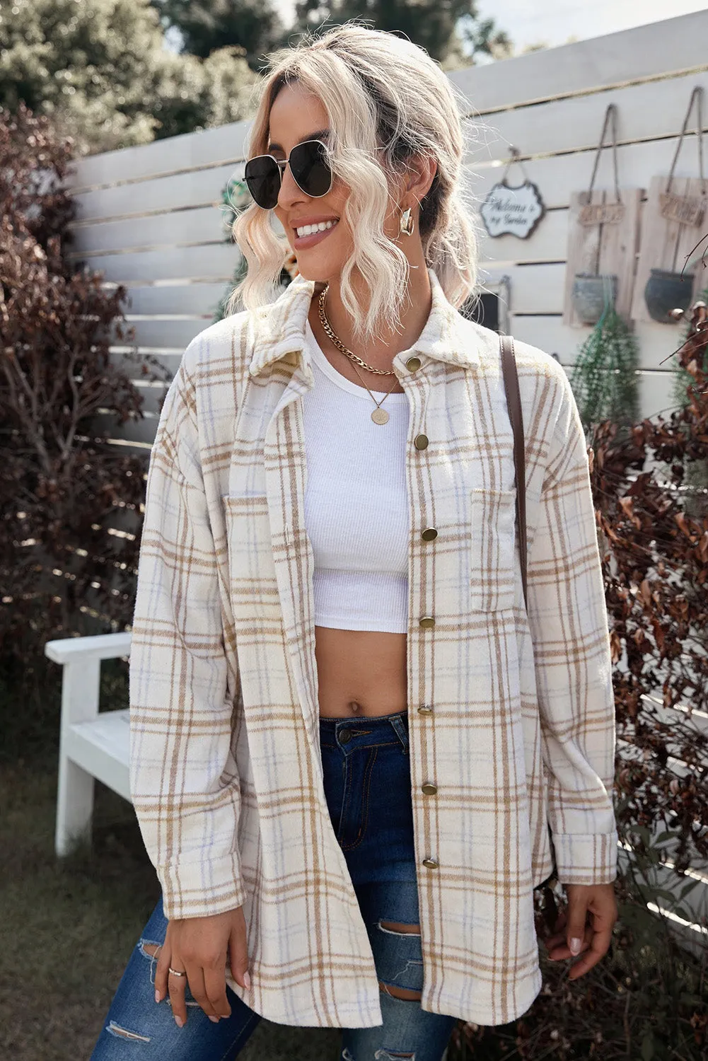 Plaid Curved Hem Dropped Shoulder Longline Shirt Jacket - Multiple Colors