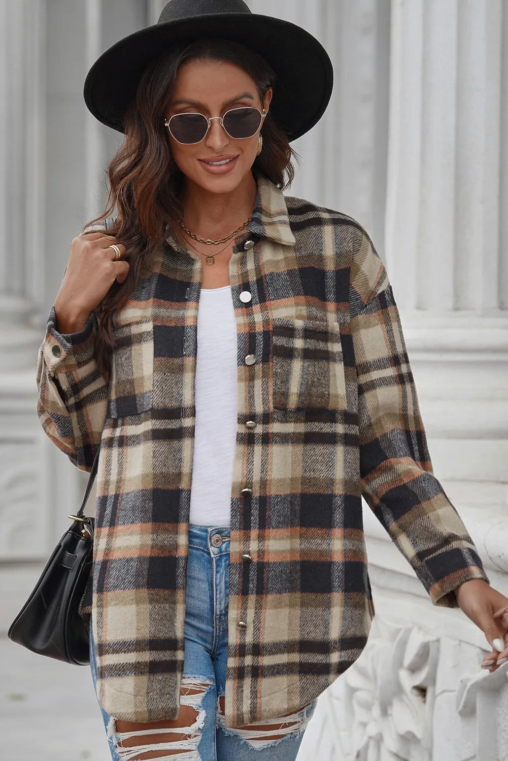 Plaid Curved Hem Dropped Shoulder Longline Shirt Jacket - Multiple Colors