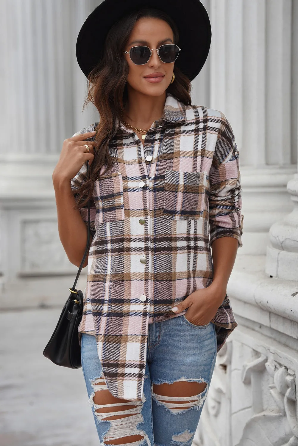 Plaid Curved Hem Dropped Shoulder Longline Shirt Jacket - Multiple Colors